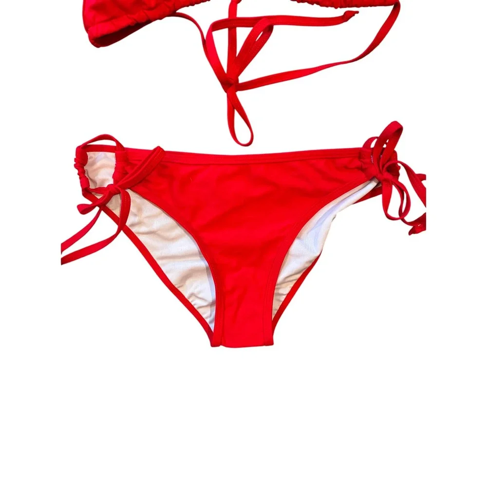 Bikini Set Women Small Red New Triangle Side‎ Tie Ruched Swimwear